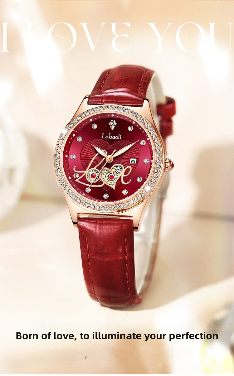 Women's Round Dial Quartz Watch With Genuine Leather Strap, Tempered Glass Mirror, Pointer Display, And Butterfly Double Snap Buckle