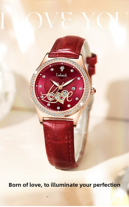 Women's Round Dial Quartz Watch With Genuine Leather Strap, Tempered Glass Mirror, Pointer Display, And Butterfly Double Snap Buckle