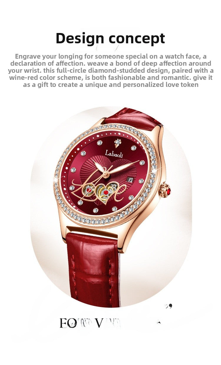 Women's Round Dial Quartz Watch With Genuine Leather Strap, Tempered Glass Mirror, Pointer Display, And Butterfly Double Snap Buckle