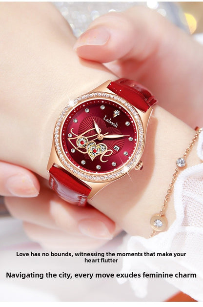 Women's Round Dial Quartz Watch With Genuine Leather Strap, Tempered Glass Mirror, Pointer Display, And Butterfly Double Snap Buckle