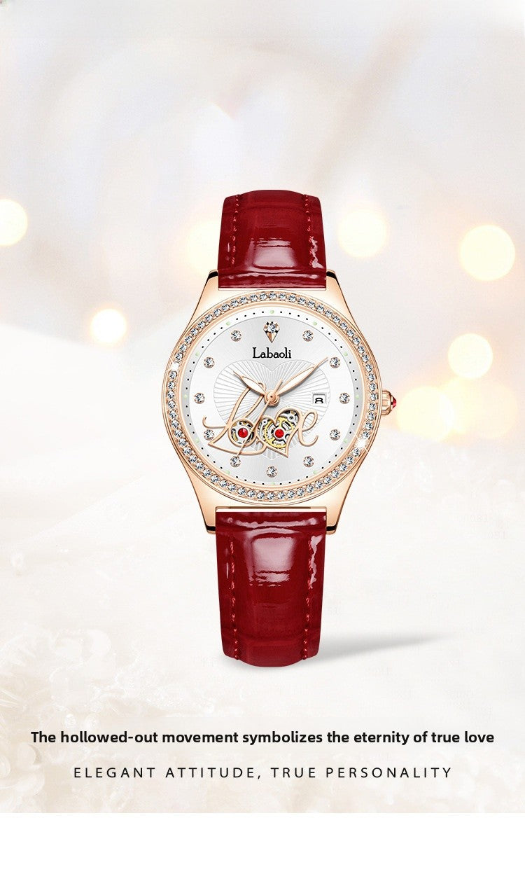 Women's Round Dial Quartz Watch With Genuine Leather Strap, Tempered Glass Mirror, Pointer Display, And Butterfly Double Snap Buckle