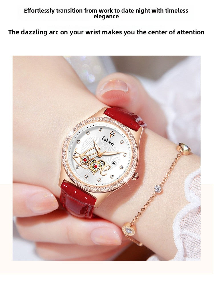 Women's Round Dial Quartz Watch With Genuine Leather Strap, Tempered Glass Mirror, Pointer Display, And Butterfly Double Snap Buckle