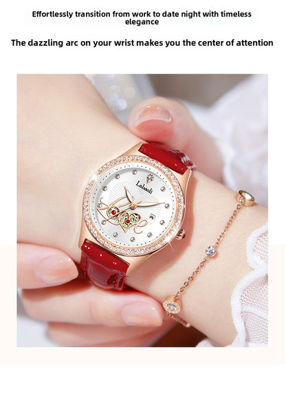 Women's Round Dial Quartz Watch With Genuine Leather Strap, Tempered Glass Mirror, Pointer Display, And Butterfly Double Snap Buckle