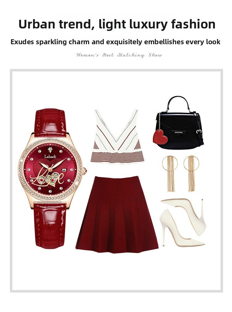 Women's Round Dial Quartz Watch With Genuine Leather Strap, Tempered Glass Mirror, Pointer Display, And Butterfly Double Snap Buckle