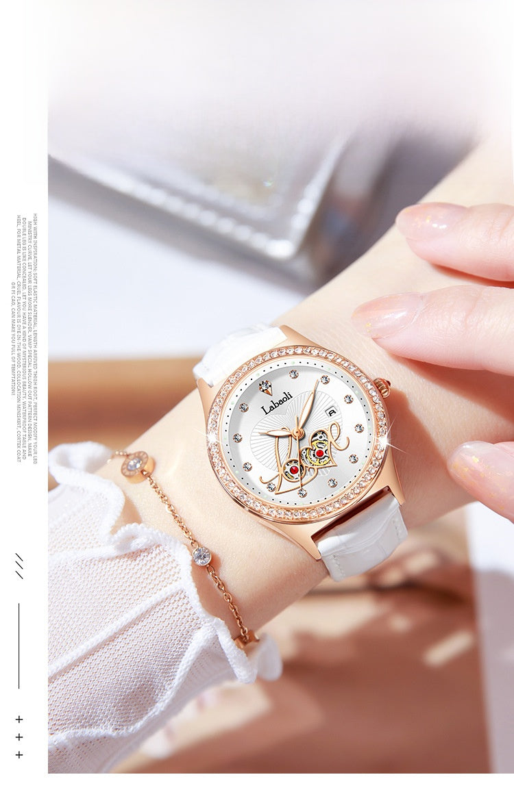 Women's Round Dial Quartz Watch With Genuine Leather Strap, Tempered Glass Mirror, Pointer Display, And Butterfly Double Snap Buckle