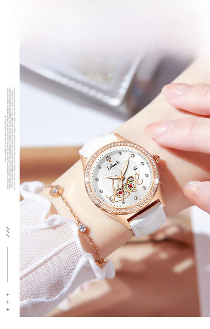 Women's Round Dial Quartz Watch With Genuine Leather Strap, Tempered Glass Mirror, Pointer Display, And Butterfly Double Snap Buckle