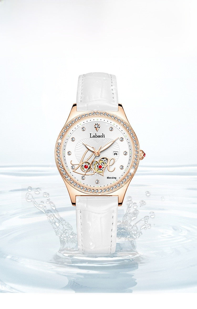 Women's Round Dial Quartz Watch With Genuine Leather Strap, Tempered Glass Mirror, Pointer Display, And Butterfly Double Snap Buckle