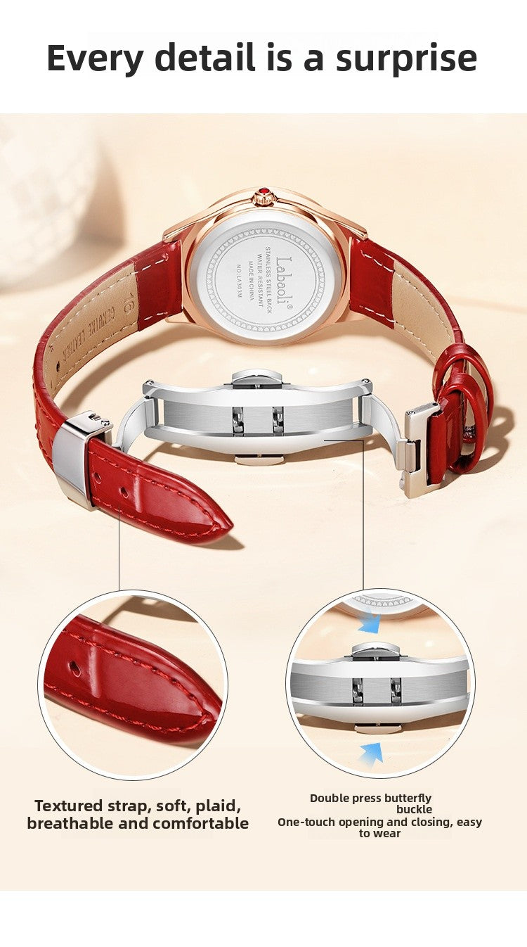 Women's Round Dial Quartz Watch With Genuine Leather Strap, Tempered Glass Mirror, Pointer Display, And Butterfly Double Snap Buckle