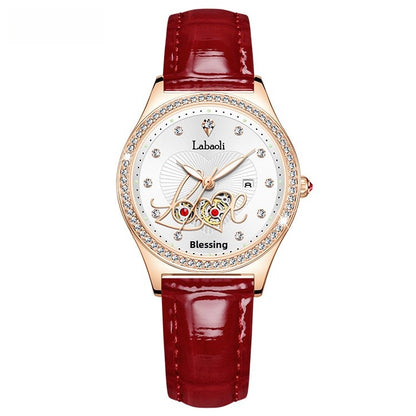 Women's Round Dial Quartz Watch With Genuine Leather Strap, Tempered Glass Mirror, Pointer Display, And Butterfly Double Snap Buckle