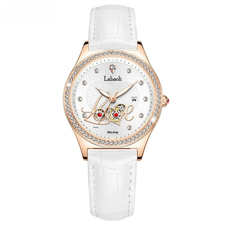 Women's Round Dial Quartz Watch With Genuine Leather Strap, Tempered Glass Mirror, Pointer Display, And Butterfly Double Snap Buckle