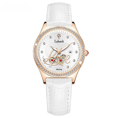 Women's Round Dial Quartz Watch With Genuine Leather Strap, Tempered Glass Mirror, Pointer Display, And Butterfly Double Snap Buckle