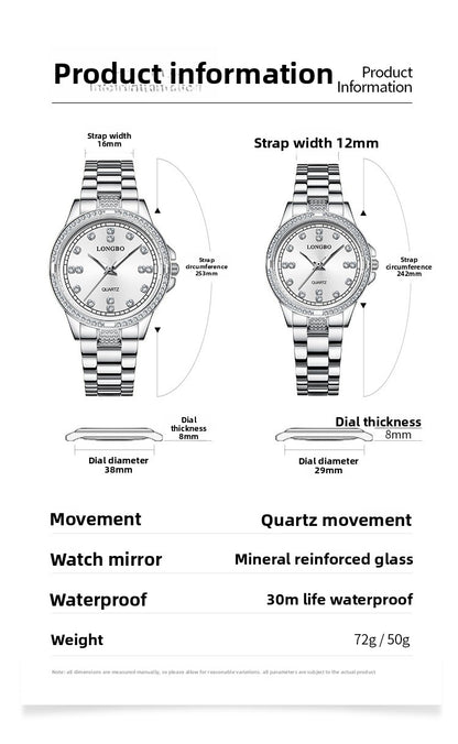 Unisex Quartz Watch With Stainless Steel Strap And Single Folding Buckle, Featuring Tempered Glass Mirror And Pointer Display