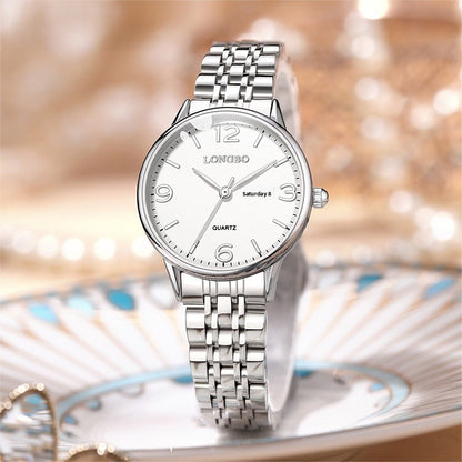 Women's Quartz Watch With Stainless Steel Strap, Butterfly Double Snap Buckle, Tempered Glass Mirror, Pointer And Number Display