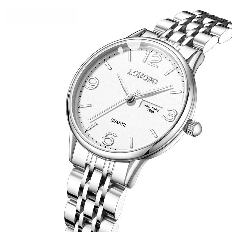 Women's Quartz Watch With Stainless Steel Strap, Butterfly Double Snap Buckle, Tempered Glass Mirror, Pointer And Number Display