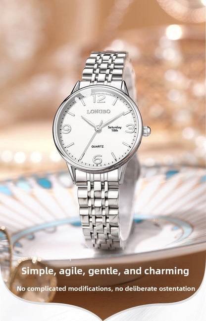 Women's Quartz Watch With Stainless Steel Strap, Butterfly Double Snap Buckle, Tempered Glass Mirror, Pointer And Number Display