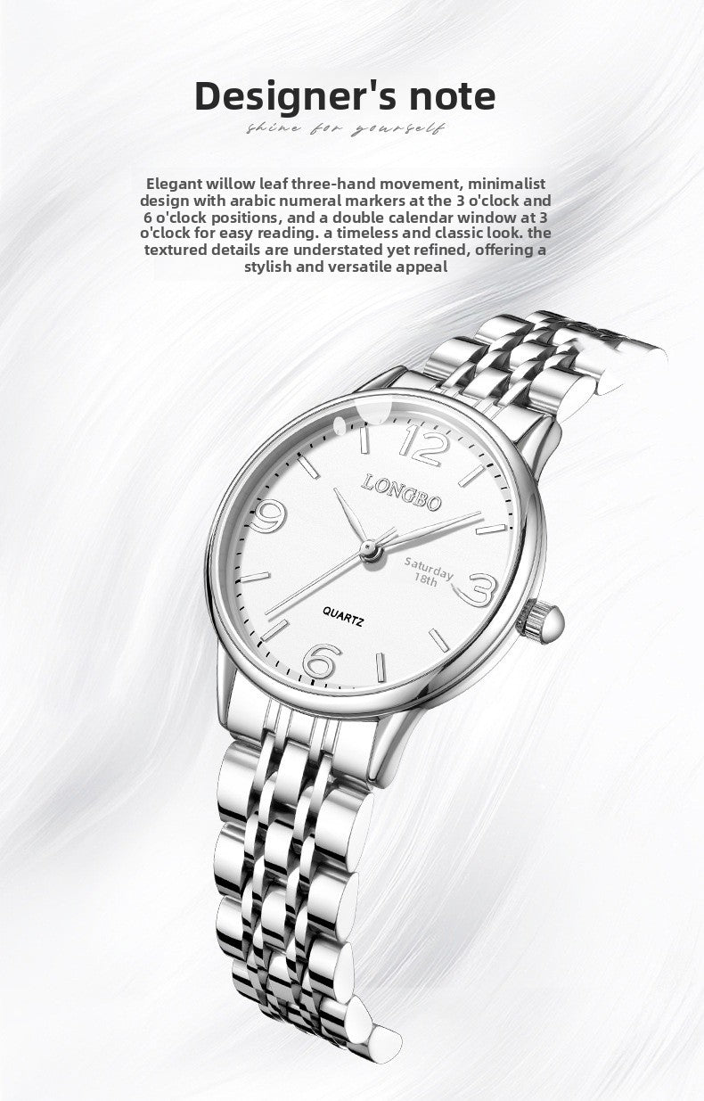 Women's Quartz Watch With Stainless Steel Strap, Butterfly Double Snap Buckle, Tempered Glass Mirror, Pointer And Number Display