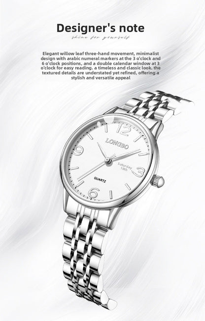Women's Quartz Watch With Stainless Steel Strap, Butterfly Double Snap Buckle, Tempered Glass Mirror, Pointer And Number Display