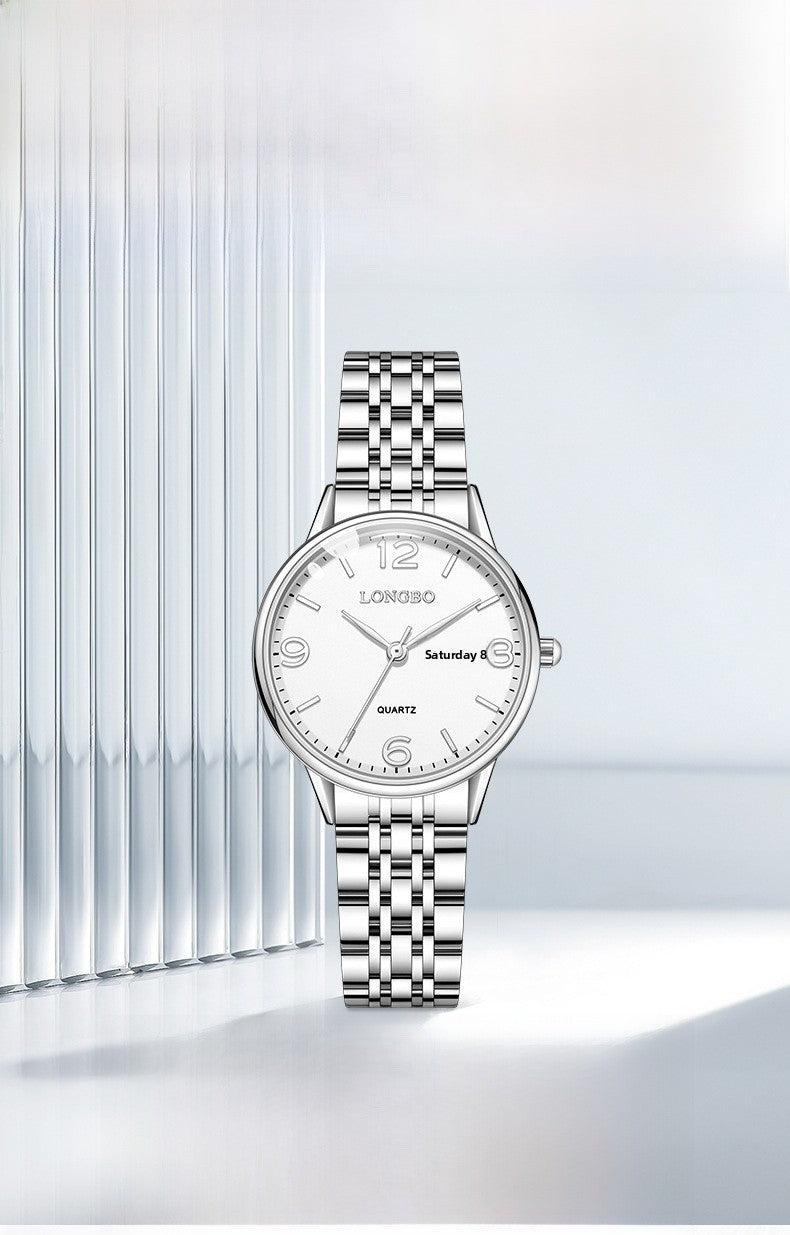 Women's Quartz Watch With Stainless Steel Strap, Butterfly Double Snap Buckle, Tempered Glass Mirror, Pointer And Number Display