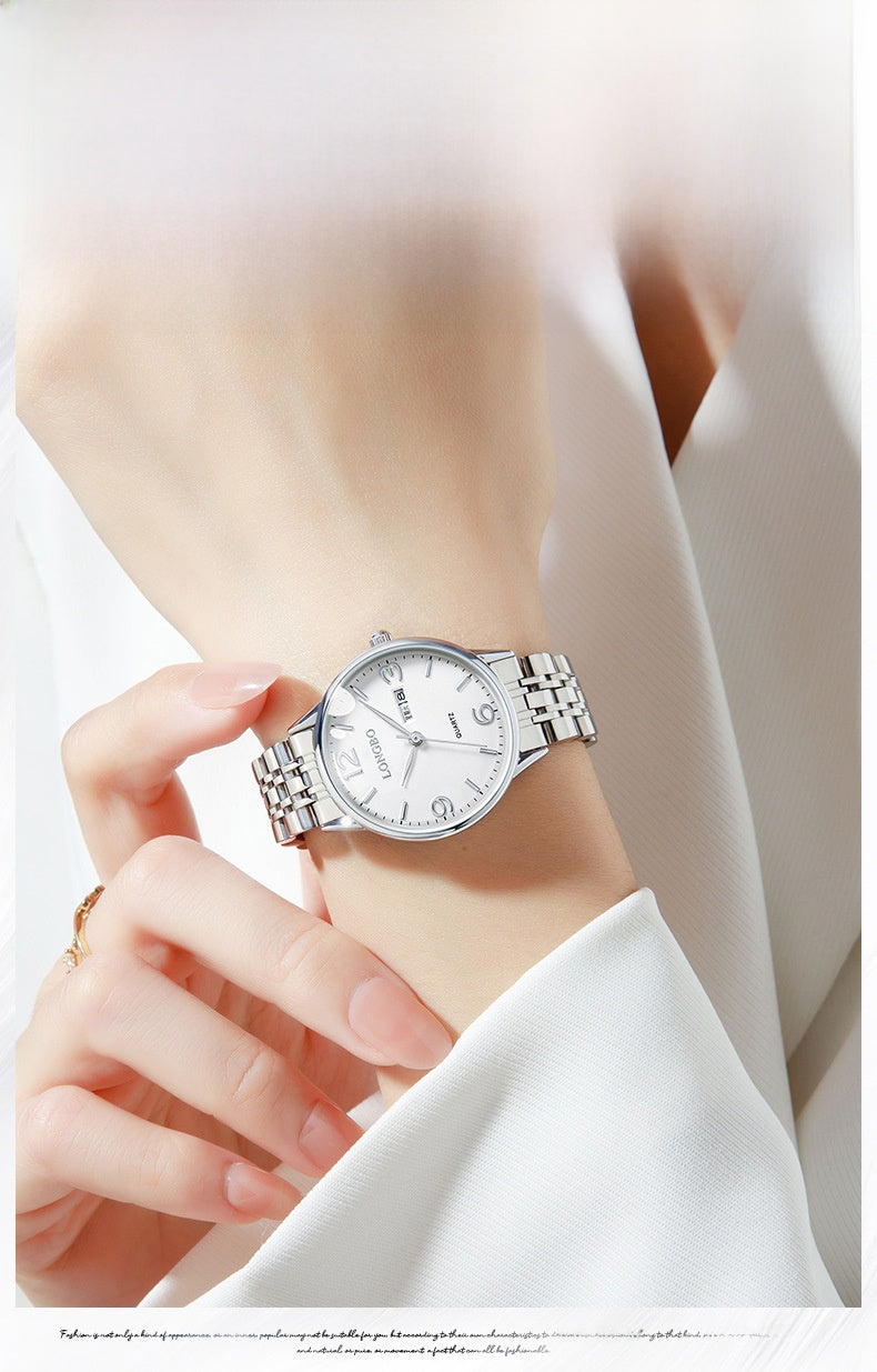 Women's Quartz Watch With Stainless Steel Strap, Butterfly Double Snap Buckle, Tempered Glass Mirror, Pointer And Number Display
