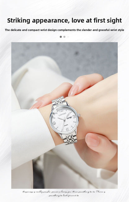 Women's Quartz Watch With Stainless Steel Strap, Butterfly Double Snap Buckle, Tempered Glass Mirror, Pointer And Number Display