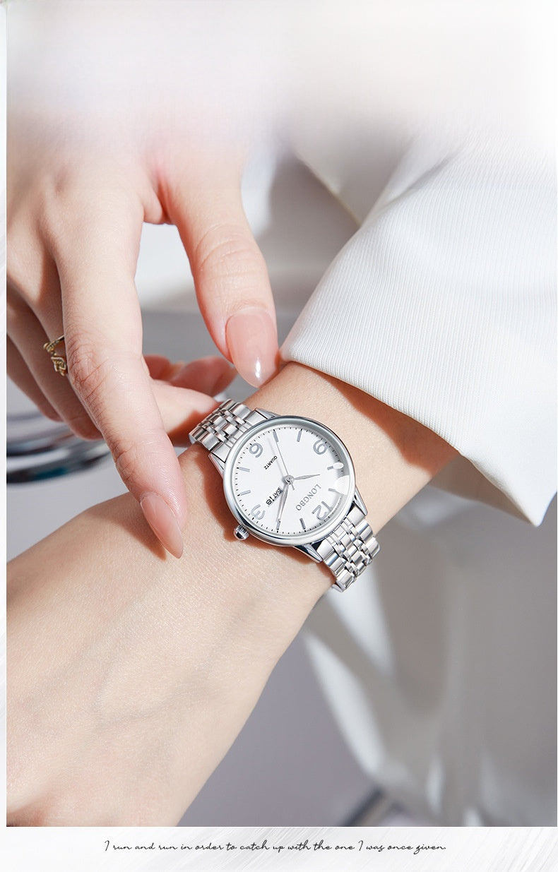 Women's Quartz Watch With Stainless Steel Strap, Butterfly Double Snap Buckle, Tempered Glass Mirror, Pointer And Number Display