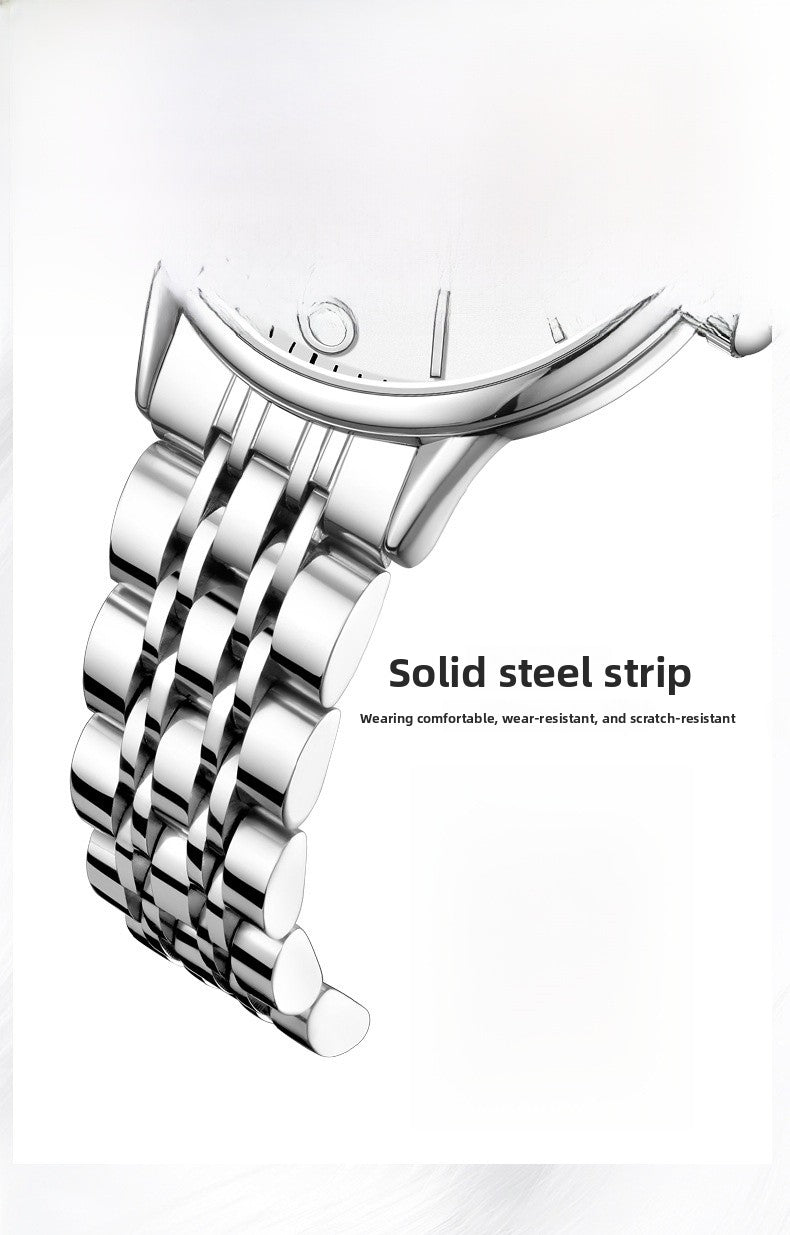 Women's Quartz Watch With Stainless Steel Strap, Butterfly Double Snap Buckle, Tempered Glass Mirror, Pointer And Number Display