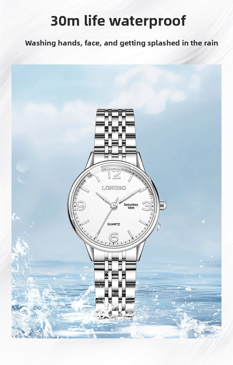 Women's Quartz Watch With Stainless Steel Strap, Butterfly Double Snap Buckle, Tempered Glass Mirror, Pointer And Number Display