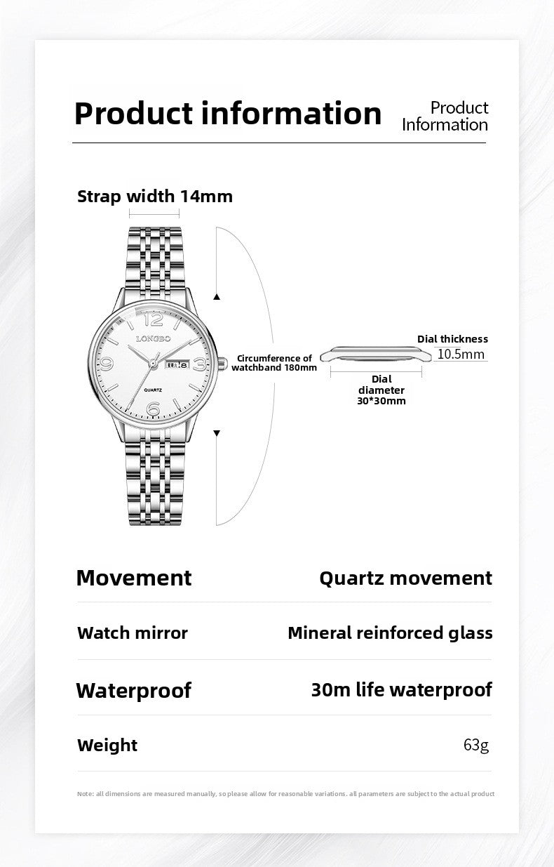 Women's Quartz Watch With Stainless Steel Strap, Butterfly Double Snap Buckle, Tempered Glass Mirror, Pointer And Number Display