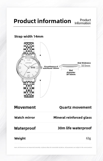 Women's Quartz Watch With Stainless Steel Strap, Butterfly Double Snap Buckle, Tempered Glass Mirror, Pointer And Number Display