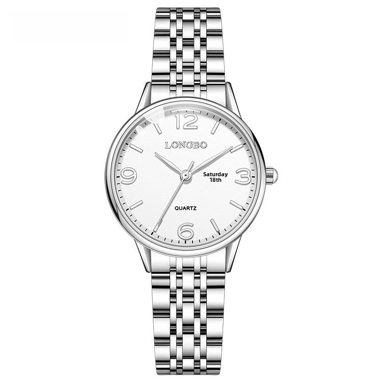 Women's Quartz Watch With Stainless Steel Strap, Butterfly Double Snap Buckle, Tempered Glass Mirror, Pointer And Number Display