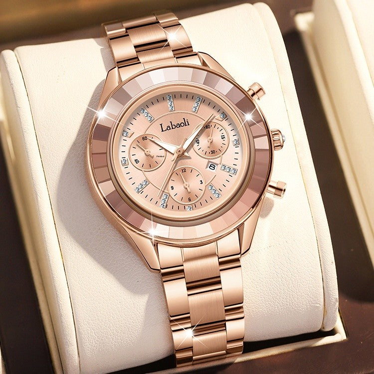 Women's Quartz Watch With Stainless Steel Strap And Butterfly Double Snap Buckle, Featuring Tempered Glass Mirror And Pointer Display