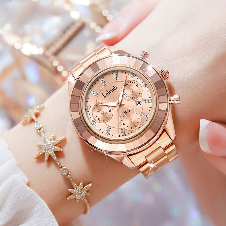 Women's Quartz Watch With Stainless Steel Strap And Butterfly Double Snap Buckle, Featuring Tempered Glass Mirror And Pointer Display
