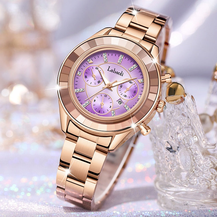 Women's Quartz Watch With Stainless Steel Strap And Butterfly Double Snap Buckle, Featuring Tempered Glass Mirror And Pointer Display
