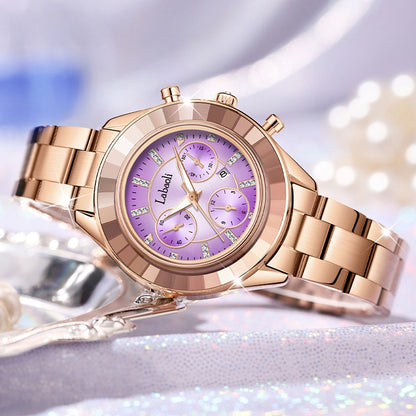 Women's Quartz Watch With Stainless Steel Strap And Butterfly Double Snap Buckle, Featuring Tempered Glass Mirror And Pointer Display