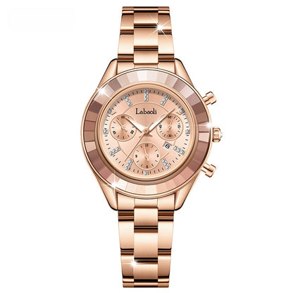Women's Quartz Watch With Stainless Steel Strap And Butterfly Double Snap Buckle, Featuring Tempered Glass Mirror And Pointer Display