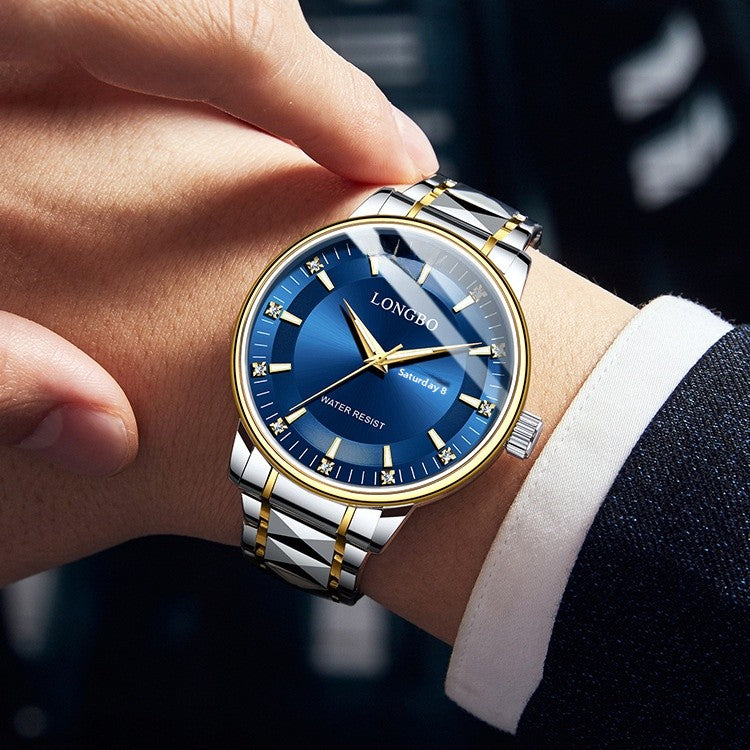 Men's Quartz Watch With Stainless Steel Strap And Butterfly Double Snap Buckle Featuring Tempered Glass Mirror And Pointer Display