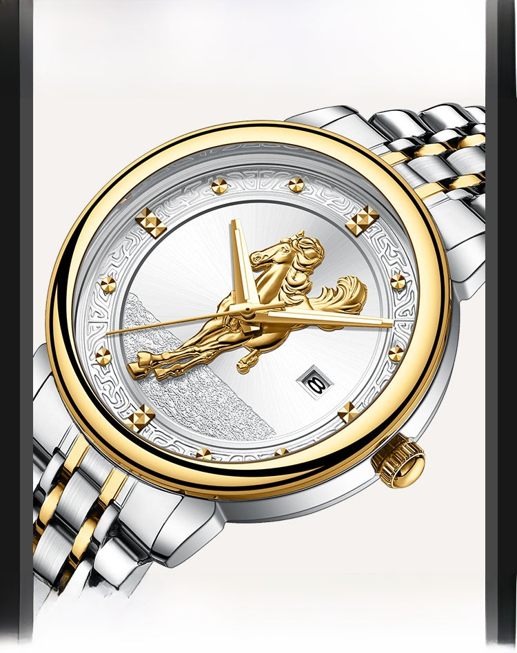 Men's Quartz Watch With Stainless Steel Strap And Double Side Snap Buckle Featuring Tempered Glass Mirror And Pointer Display
