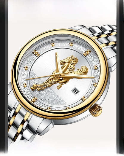 Men's Quartz Watch With Stainless Steel Strap And Double Side Snap Buckle Featuring Tempered Glass Mirror And Pointer Display