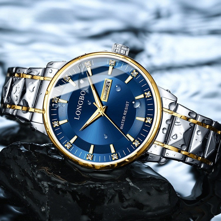 Men's Quartz Watch With Stainless Steel Strap And Butterfly Double Snap Buckle Featuring Tempered Glass Mirror And Pointer Display