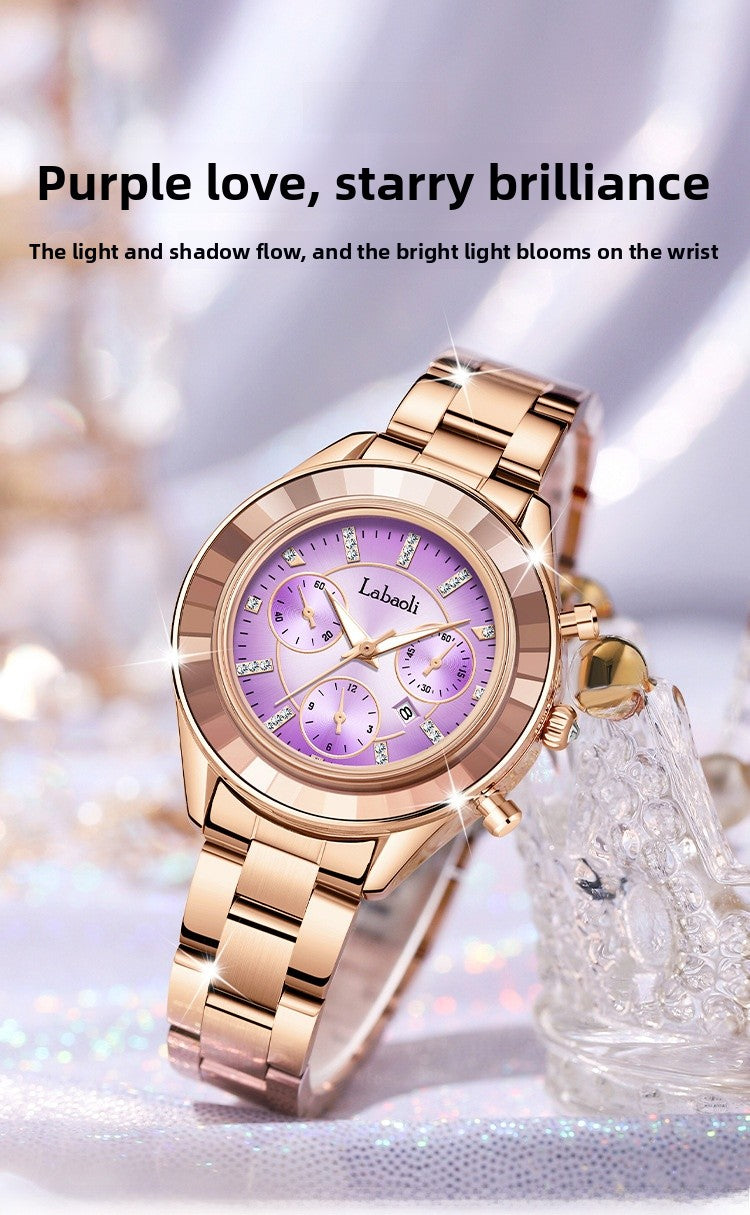 Women's Quartz Watch With Stainless Steel Strap And Butterfly Double Snap Buckle, Featuring Tempered Glass Mirror And Pointer Display