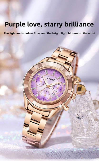 Women's Quartz Watch With Stainless Steel Strap And Butterfly Double Snap Buckle, Featuring Tempered Glass Mirror And Pointer Display
