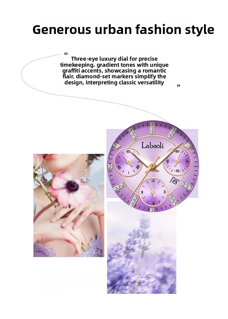 Women's Quartz Watch With Stainless Steel Strap And Butterfly Double Snap Buckle, Featuring Tempered Glass Mirror And Pointer Display