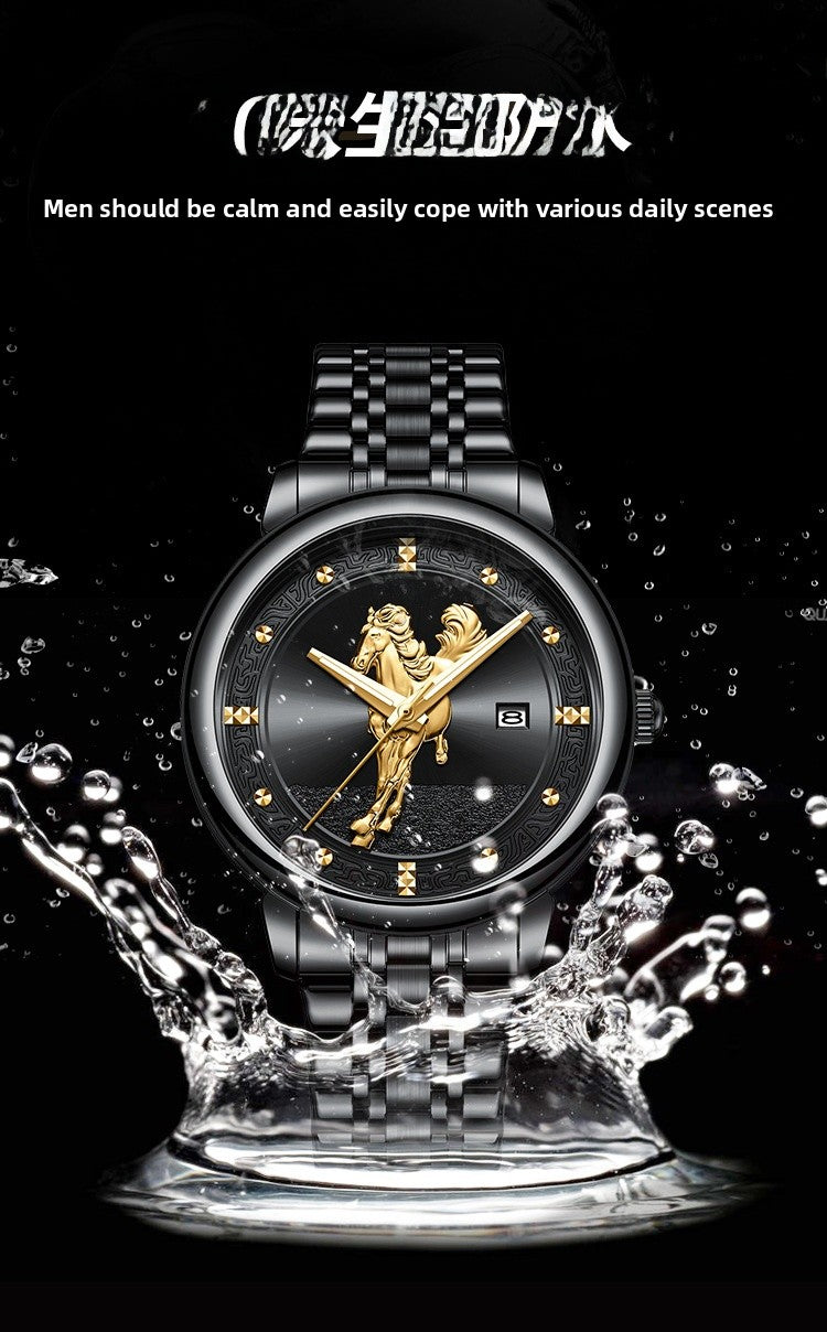 Men's Quartz Watch With Stainless Steel Strap And Double Side Snap Buckle Featuring Tempered Glass Mirror And Pointer Display