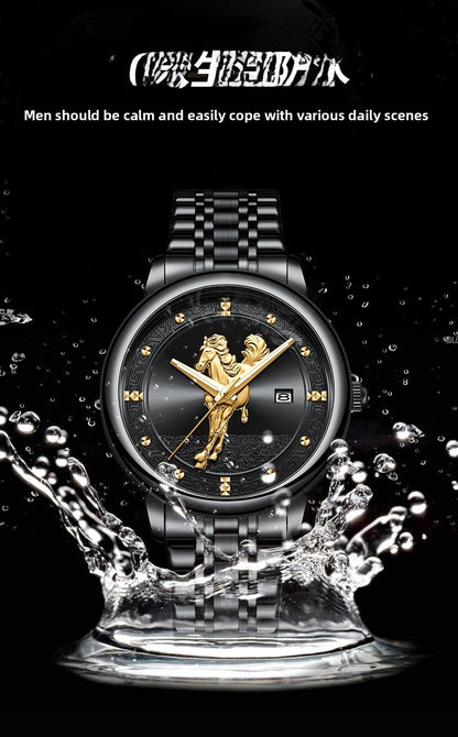 Men's Quartz Watch With Stainless Steel Strap And Double Side Snap Buckle Featuring Tempered Glass Mirror And Pointer Display