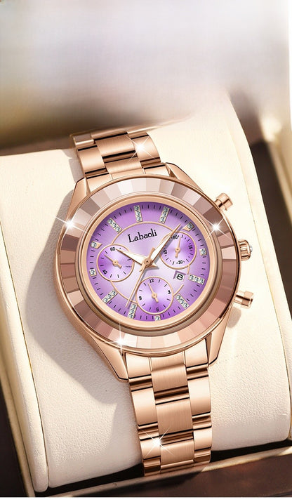 Women's Quartz Watch With Stainless Steel Strap And Butterfly Double Snap Buckle, Featuring Tempered Glass Mirror And Pointer Display