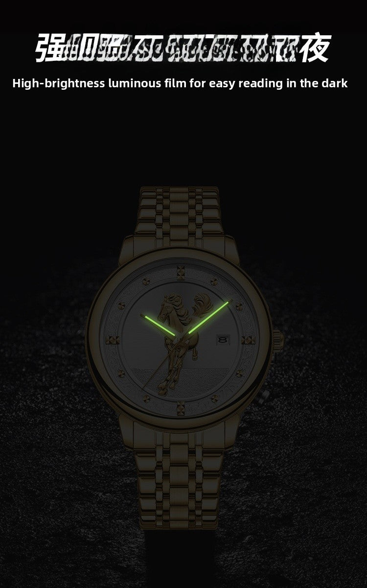 Men's Quartz Watch With Stainless Steel Strap And Double Side Snap Buckle Featuring Tempered Glass Mirror And Pointer Display