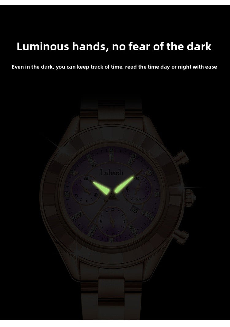 Women's Quartz Watch With Stainless Steel Strap And Butterfly Double Snap Buckle, Featuring Tempered Glass Mirror And Pointer Display
