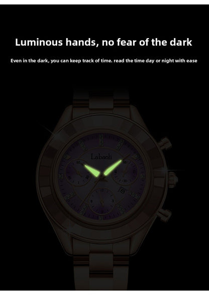 Women's Quartz Watch With Stainless Steel Strap And Butterfly Double Snap Buckle, Featuring Tempered Glass Mirror And Pointer Display