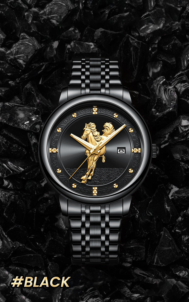 Men's Quartz Watch With Stainless Steel Strap And Double Side Snap Buckle Featuring Tempered Glass Mirror And Pointer Display