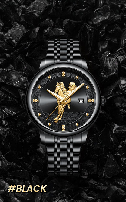 Men's Quartz Watch With Stainless Steel Strap And Double Side Snap Buckle Featuring Tempered Glass Mirror And Pointer Display
